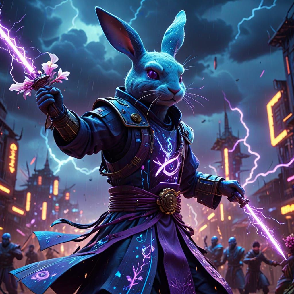 Cyberpunk Dancer with Flower Swords in Neon Cityscape