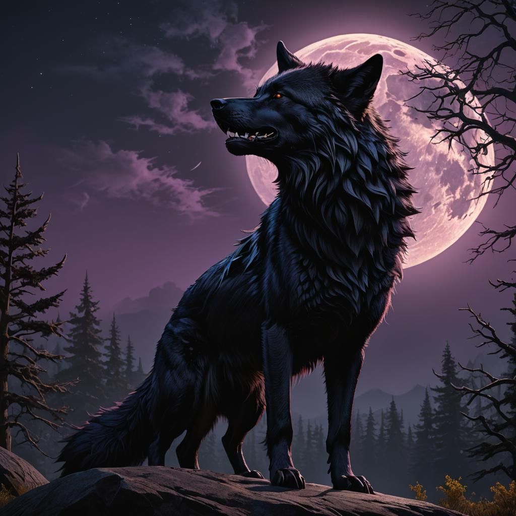 Black Wolf Howling at Moon in Dark Fantasy Art