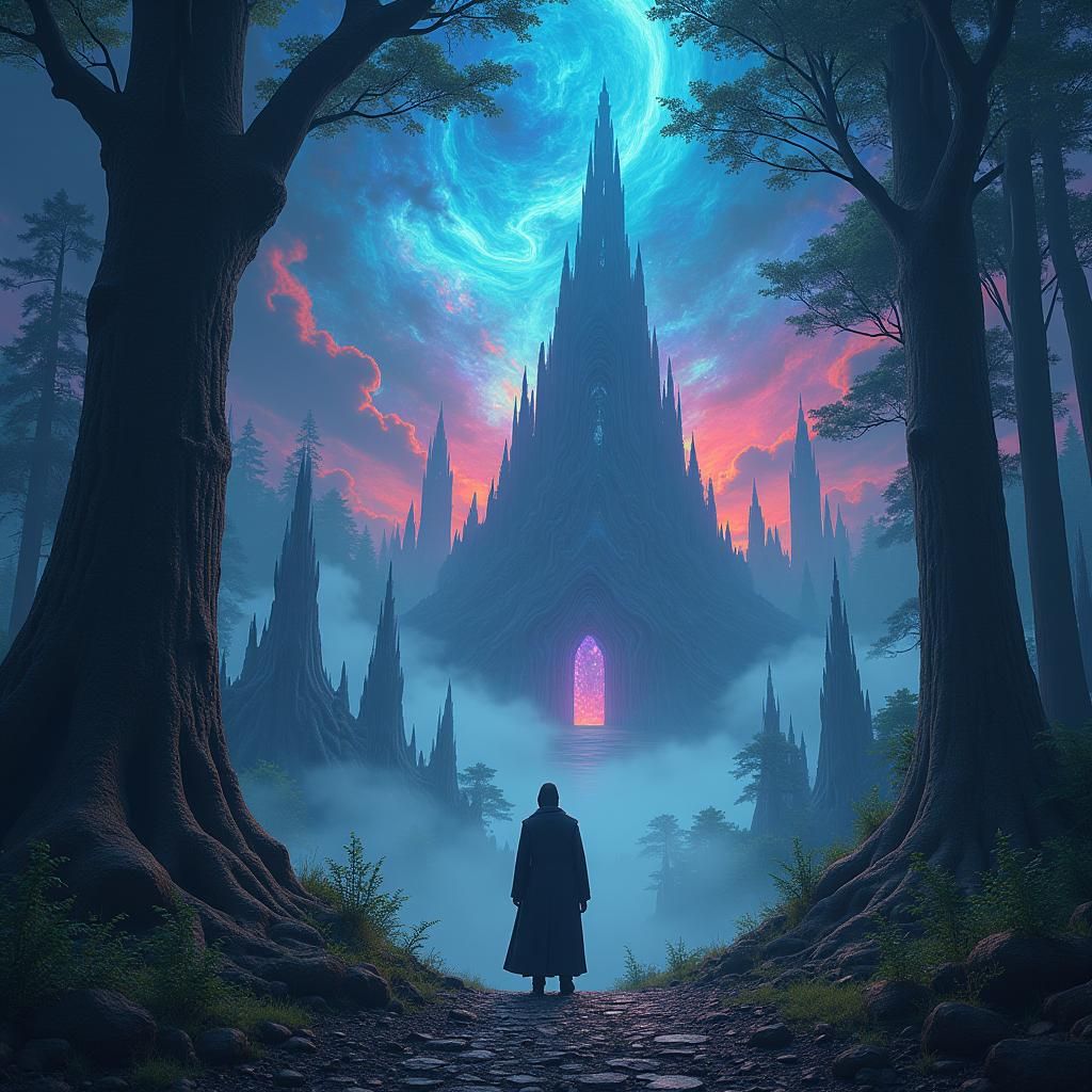 Mysterious Figure in Ancient Forest Under Opal Sky