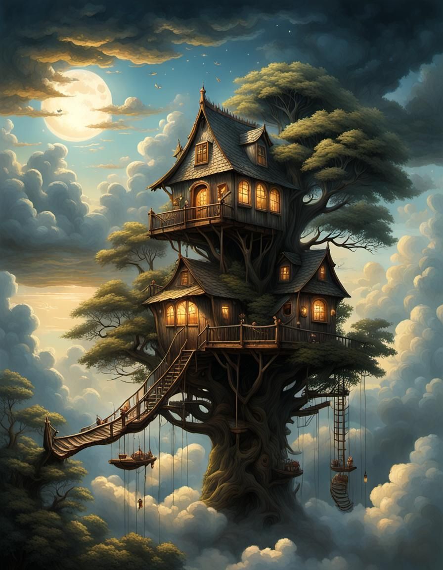 Ethereal Treehouses Floating in the Clouds