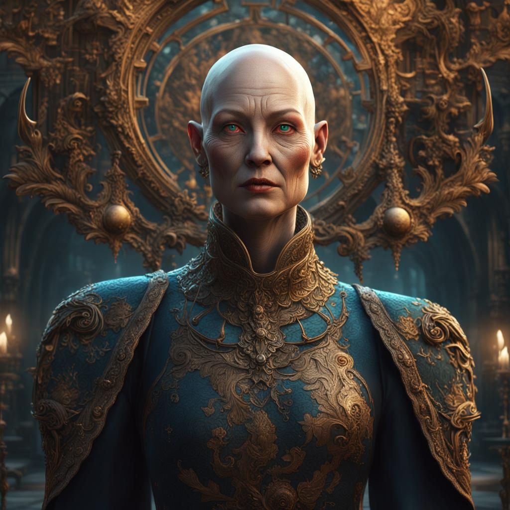 Noseless Bald Woman in Detailed Matte Painting