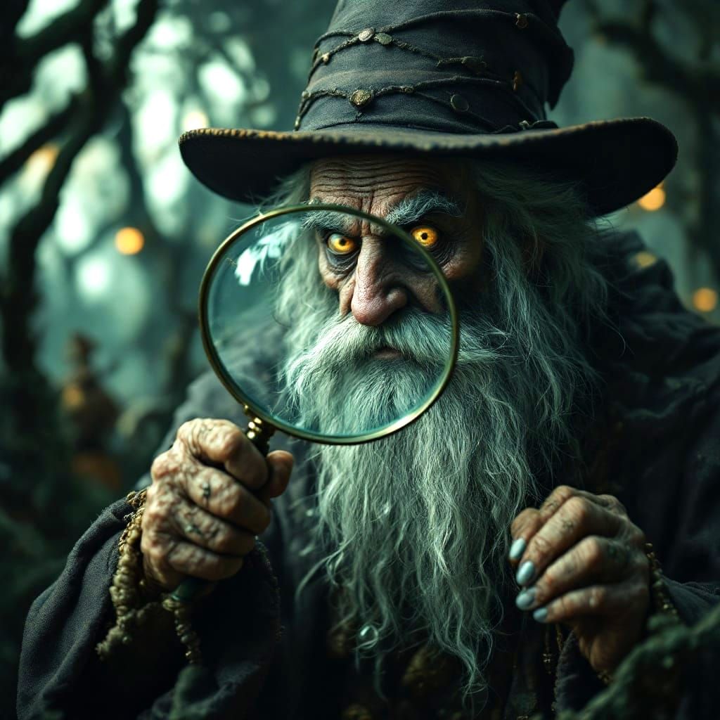 Wizard Observes Surreal World Through Magnifying Glass