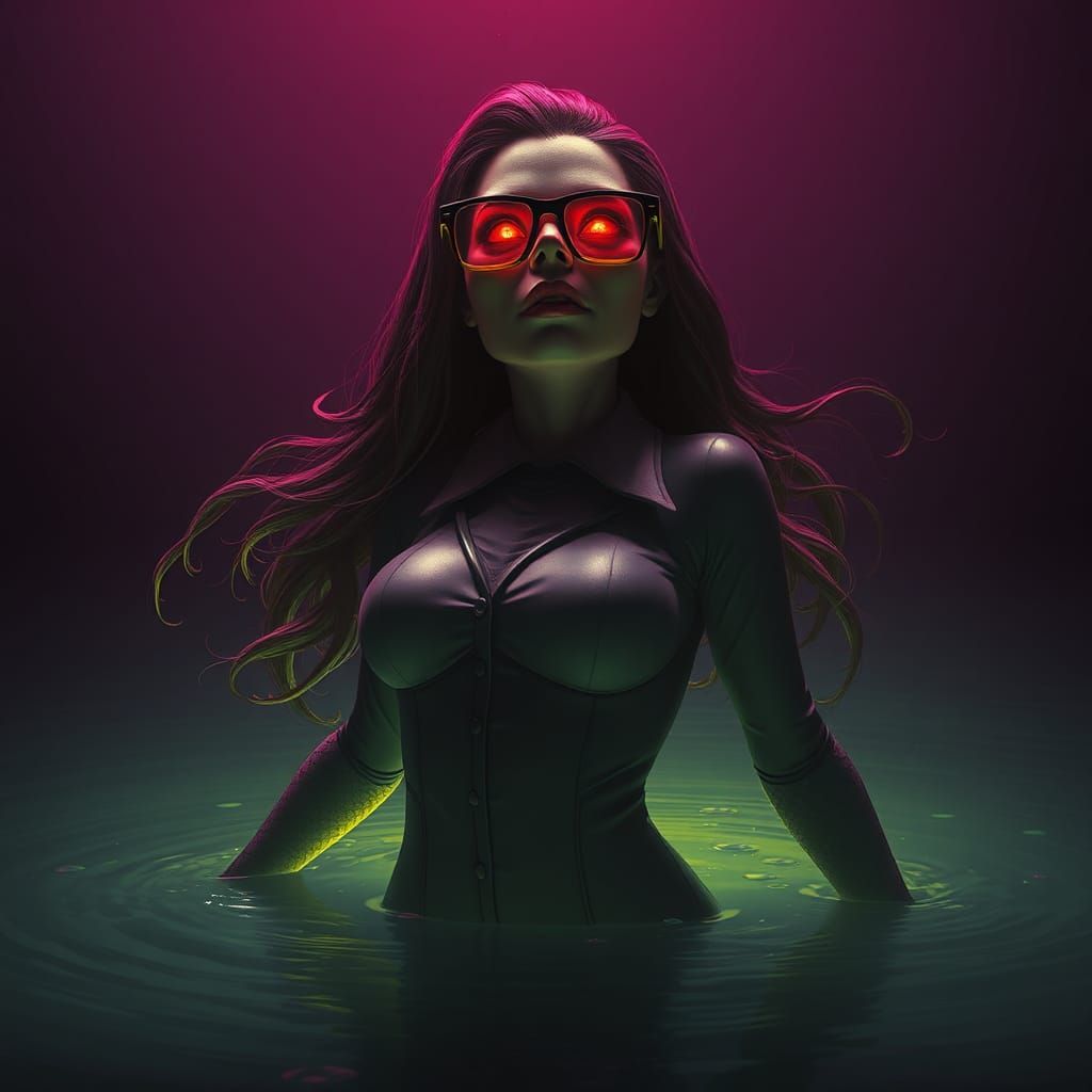 Terrifying Mermaid Monster in Dark Ocean, Art Nouveau Style