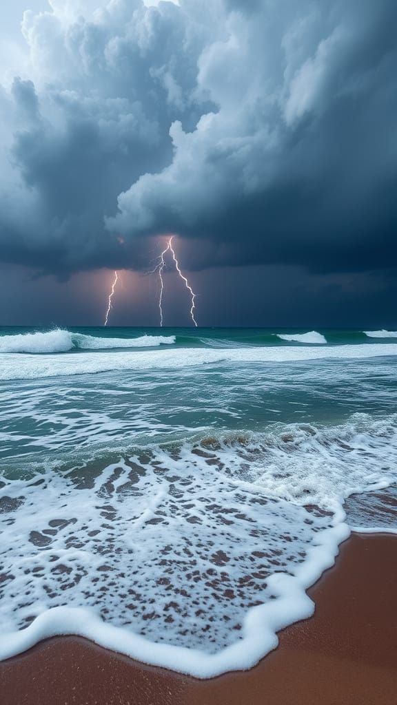 Stormy Beach Landscape in Dark and Turbulent Weather