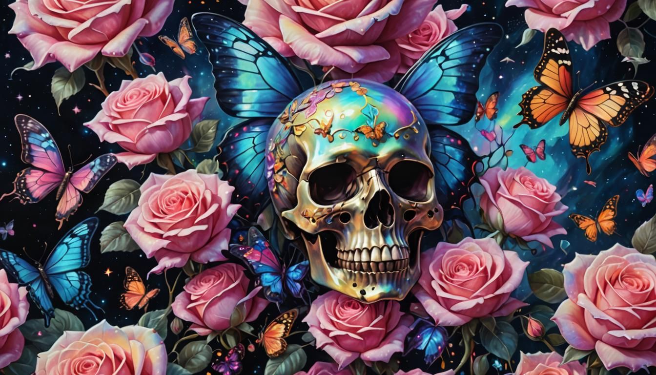 Cosmic Roses, Butterflies, and Skulls: Surreal Oil Painting