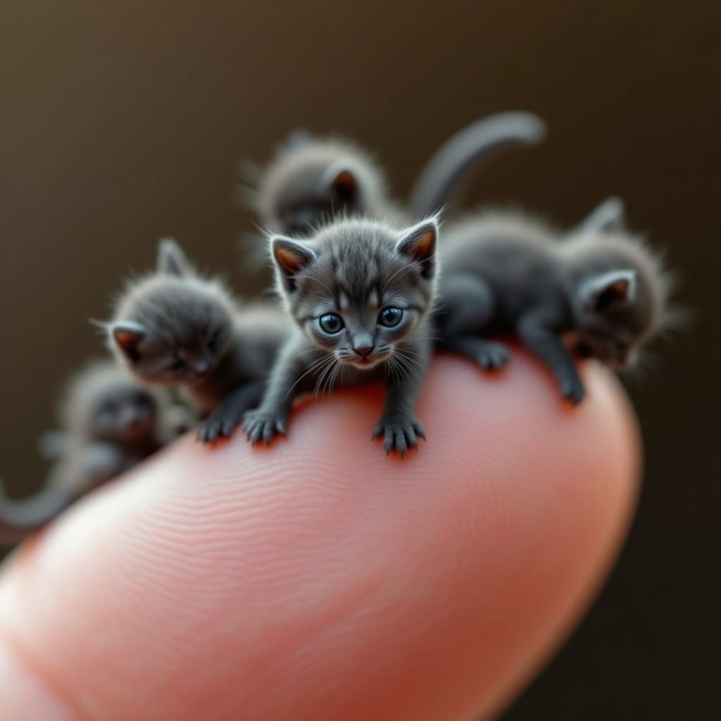 Tiny Grey Kittens Perch on Human Fingertip in Photorealistic...