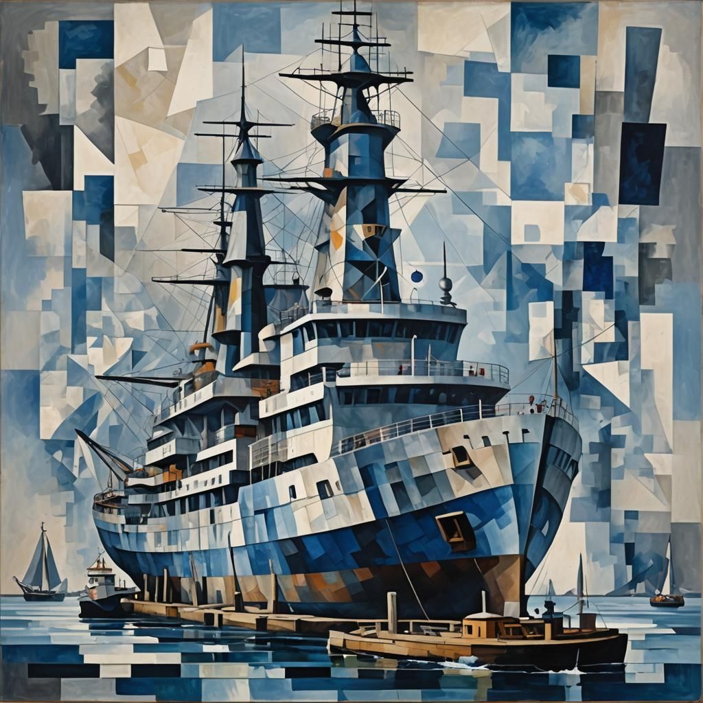 Geometric Vessel at Pier, Cubist Style