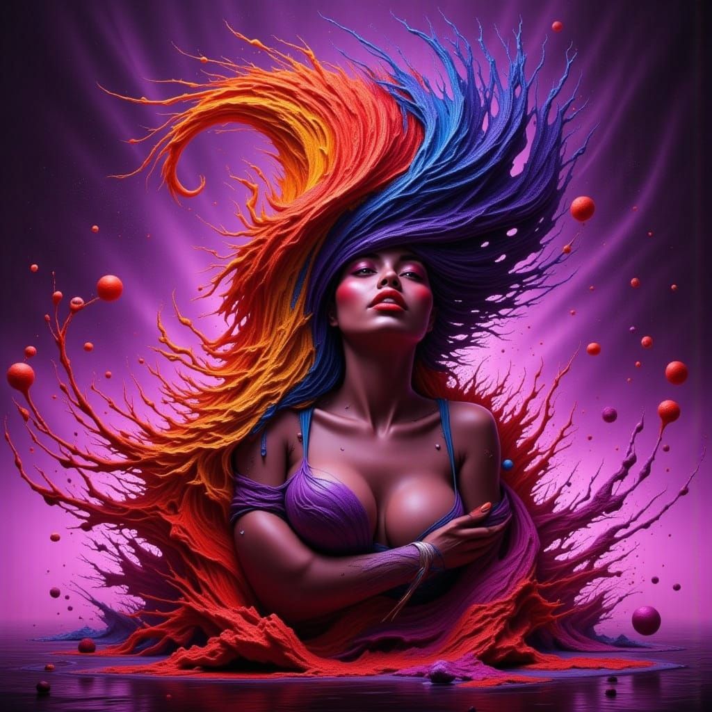 Hyper-Realistic Woman Amidst Vibrant Rainbow Explosion