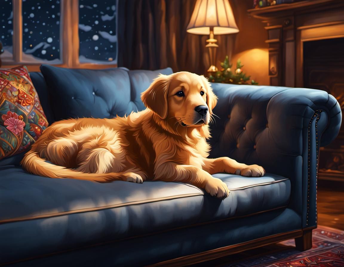 Cozy Living Room with Golden Retriever Puppy
