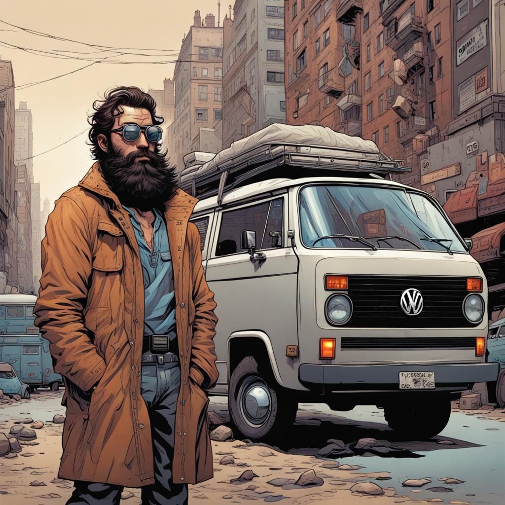 Man with Van in Cyberpunk City Comic Art