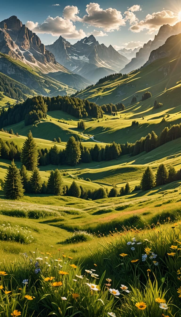 Sunny Summer Meadow in the Alps