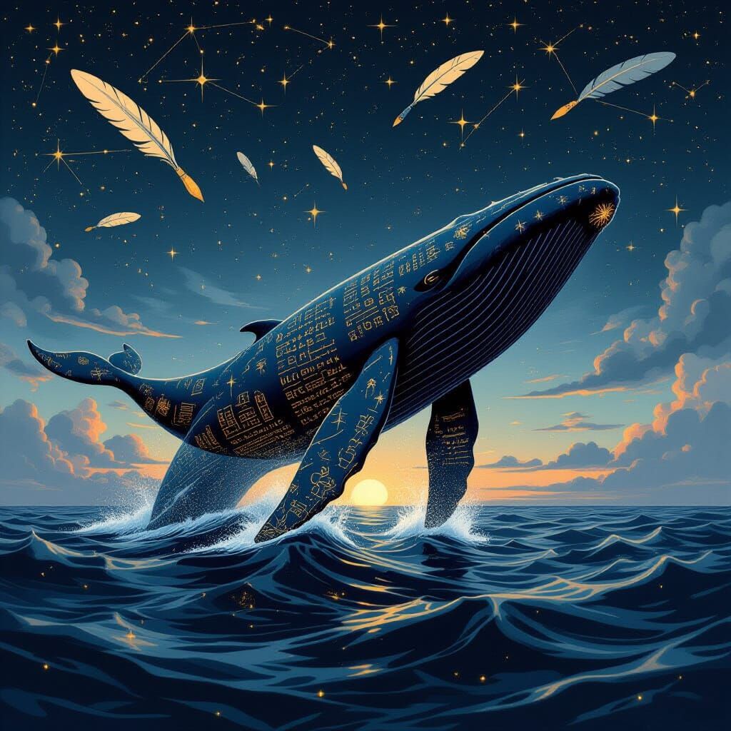 Ancient Whale Breaching Ink Sea with Calligraphy Patterns
