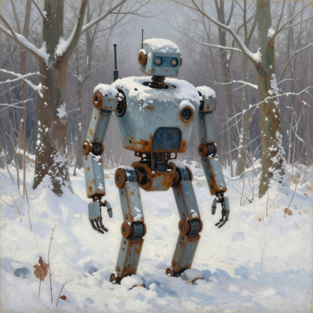 Rusty Robot in Snowy Forest Impressionist Painting