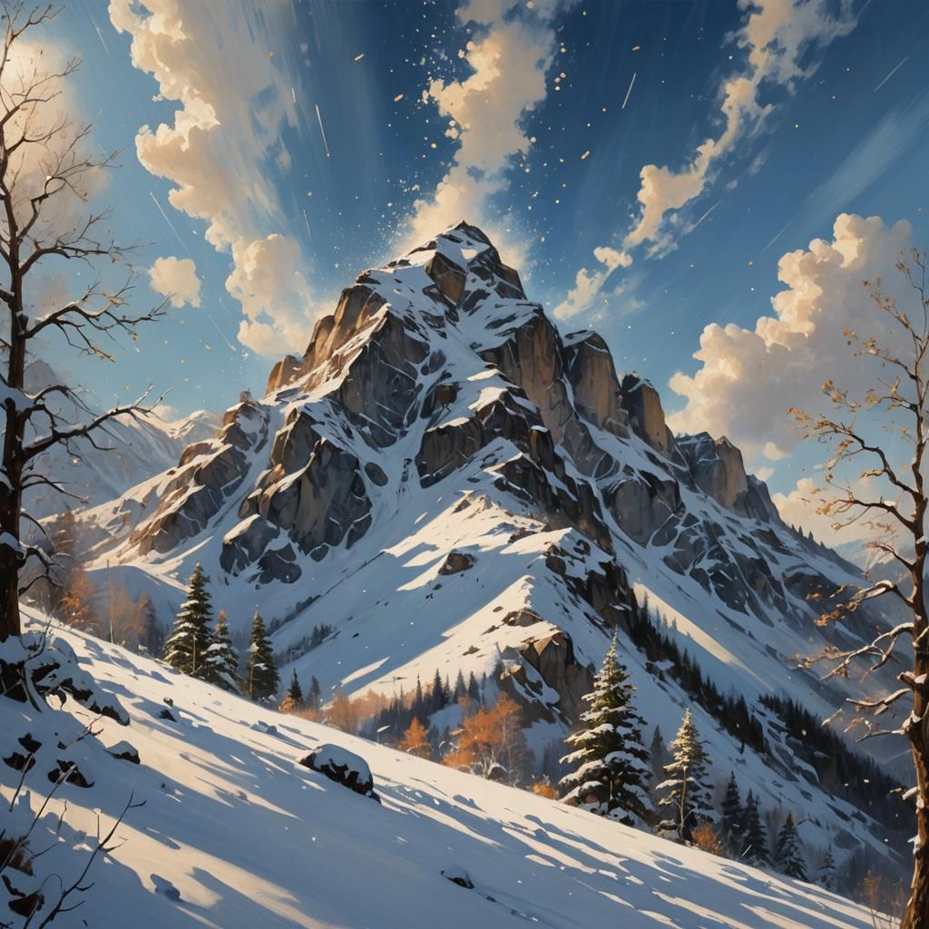 Snowy Mountain Peak with Fireflies, Klimt and Garmash Style