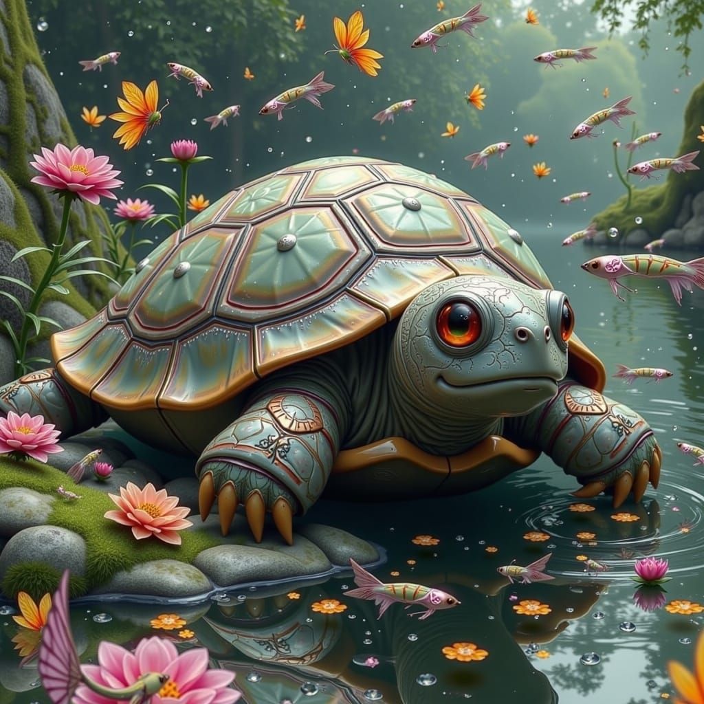 Ancient Turtle Sits Serenely on Lush Riverbank