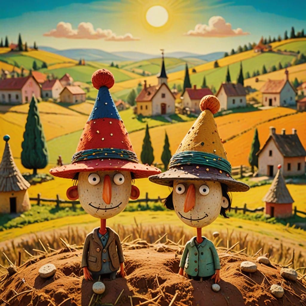 Whimsical Claymation Figure with Two Hats in Naive Art