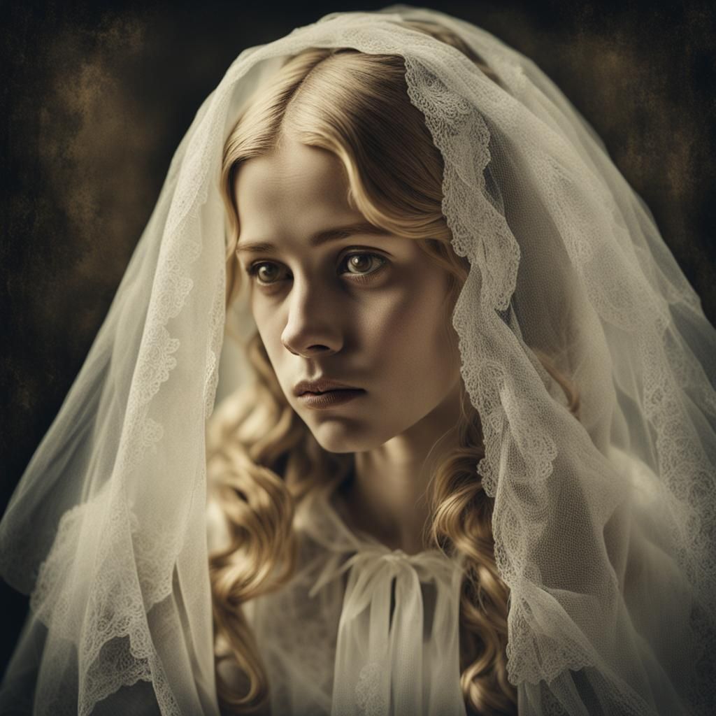 Sorrowful Blonde Woman Under Bridal Veil in Vintage Photo