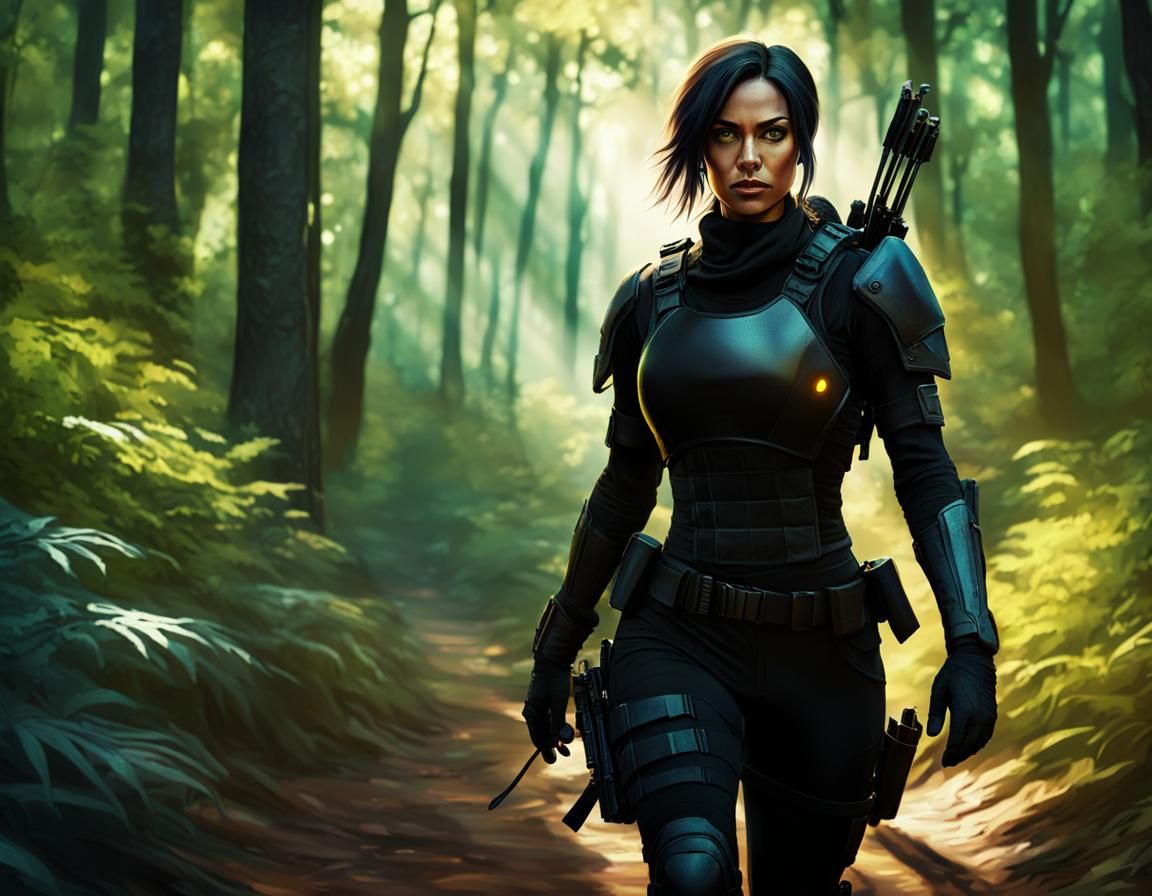 Woman Warrior in Forest: Hyper-Realistic Digital Art