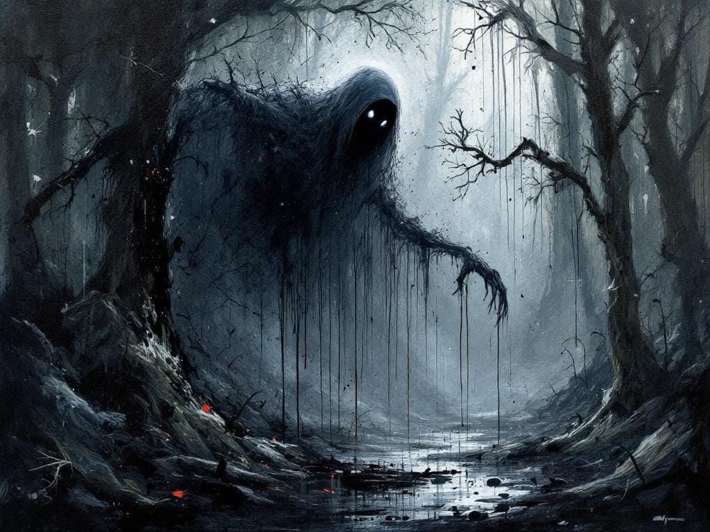 Phantom Spirit in Dark Woods: Splatter Art Horror