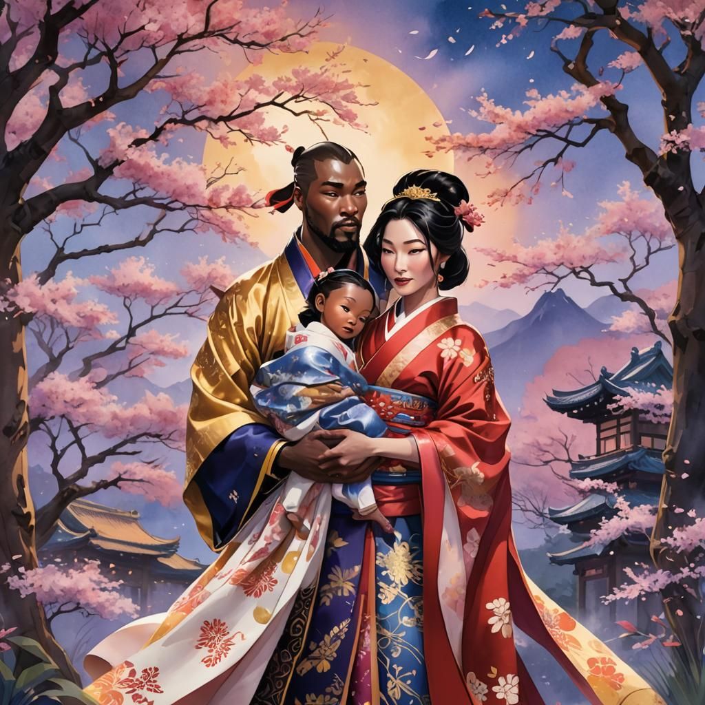 Mulan, African King, and Baby in Japanese Setting