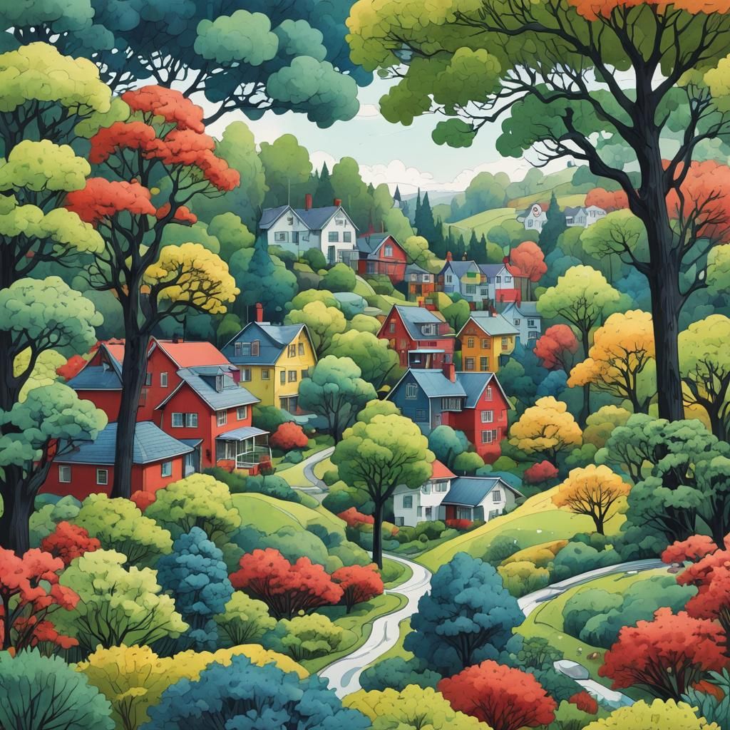 Art Deco Landscape in Watercolor and Ink