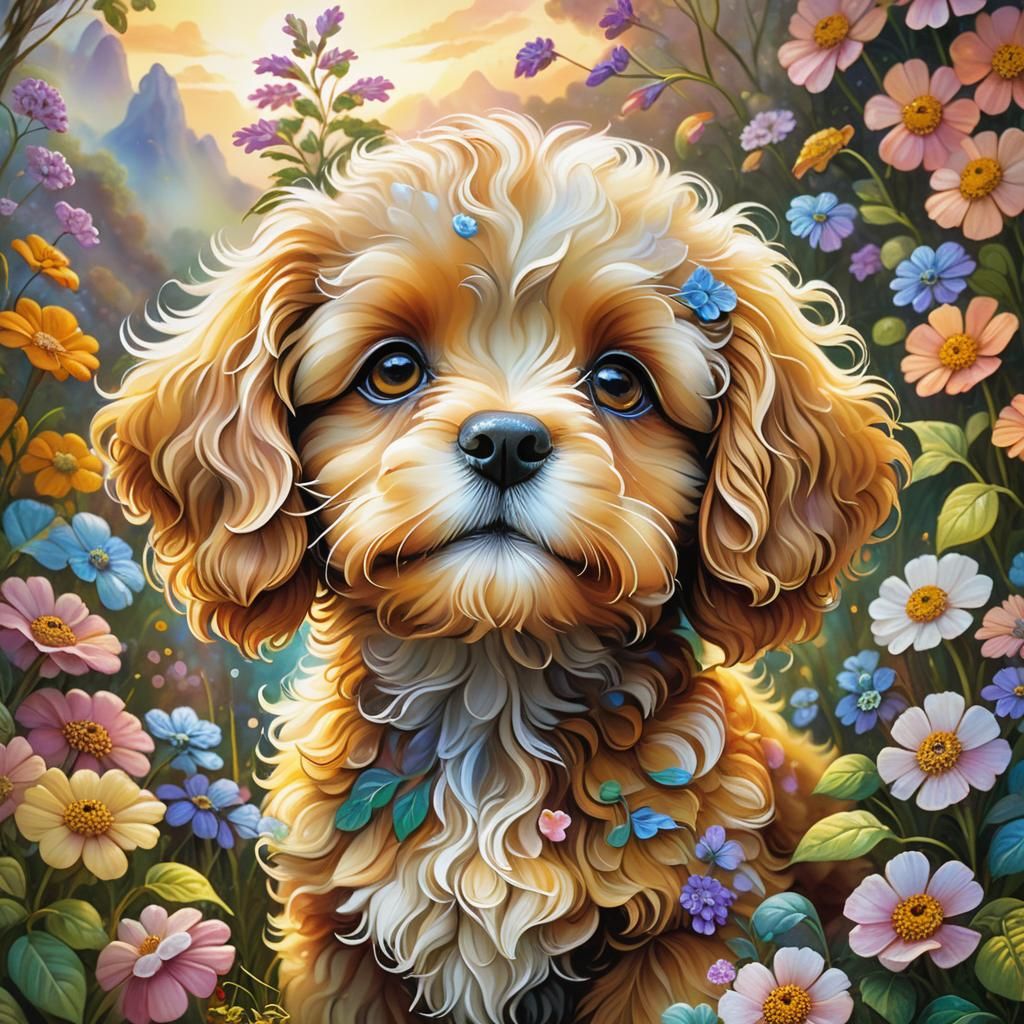 Cavoodle Flowers Portrait