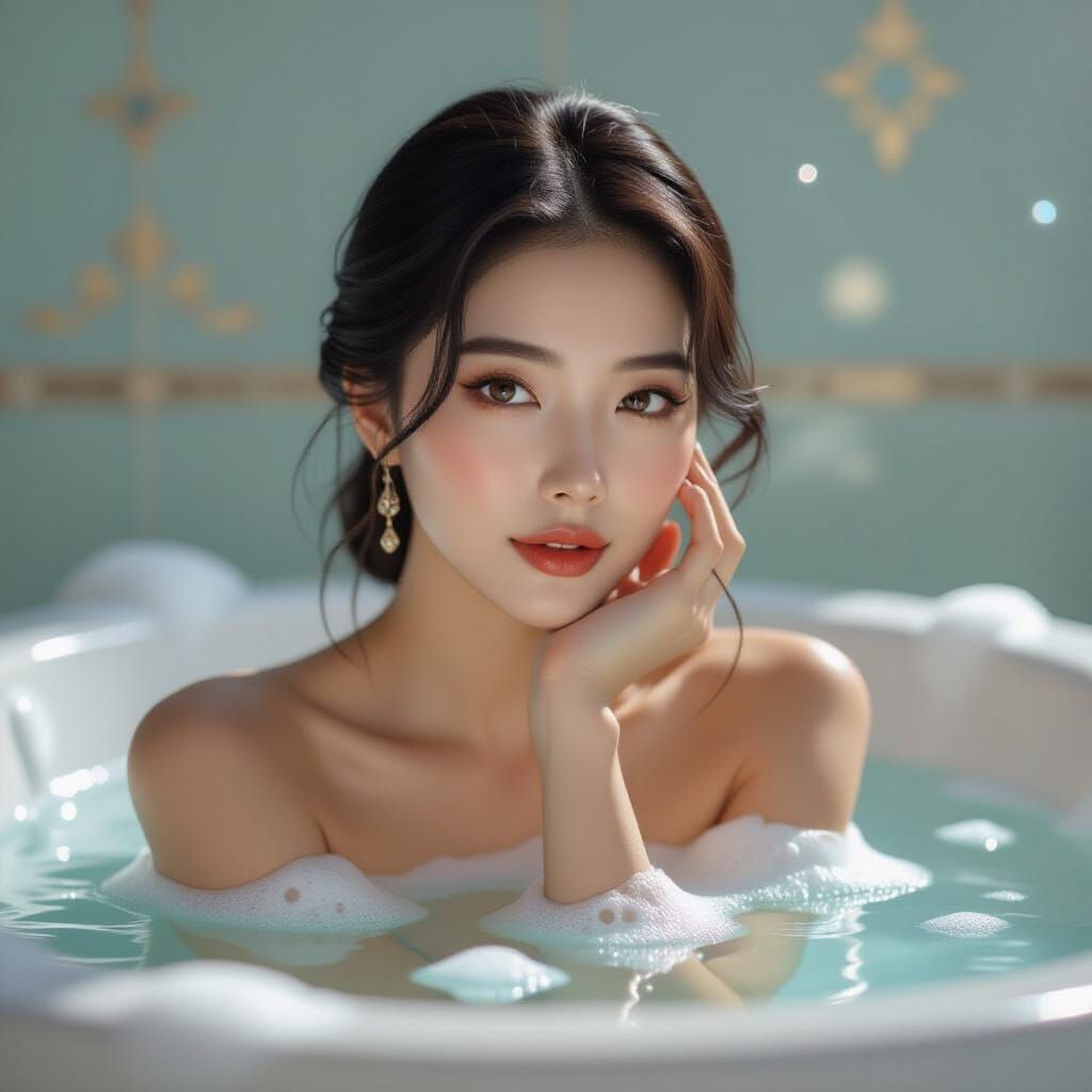 Korean Woman in Bath as Alphonse Mucha-style Painting