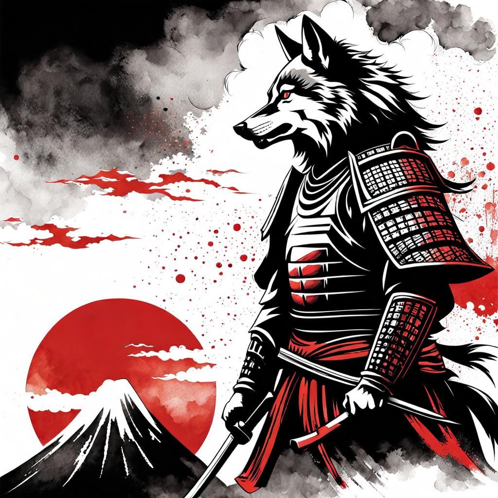 Samurai Wolf Warrior with Sword in Ukiyo-e Style