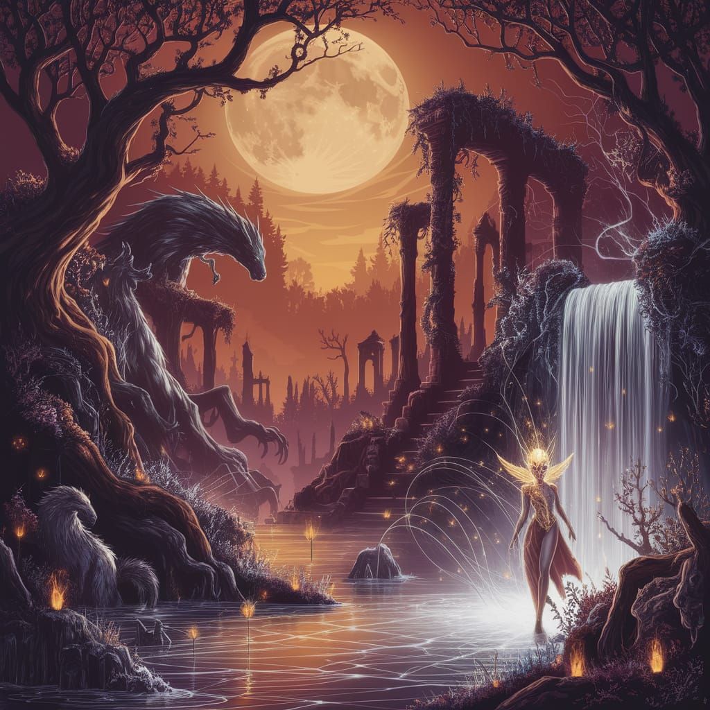 Moonlit Fantasy Forest with Elf and Crystal Waterfall