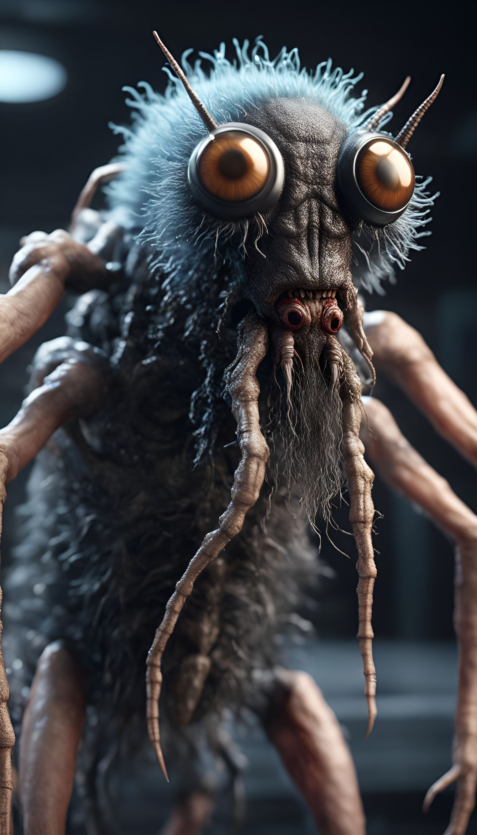Eldritch Man-Fly Monster in Dim Lab, Photorealistic 3D