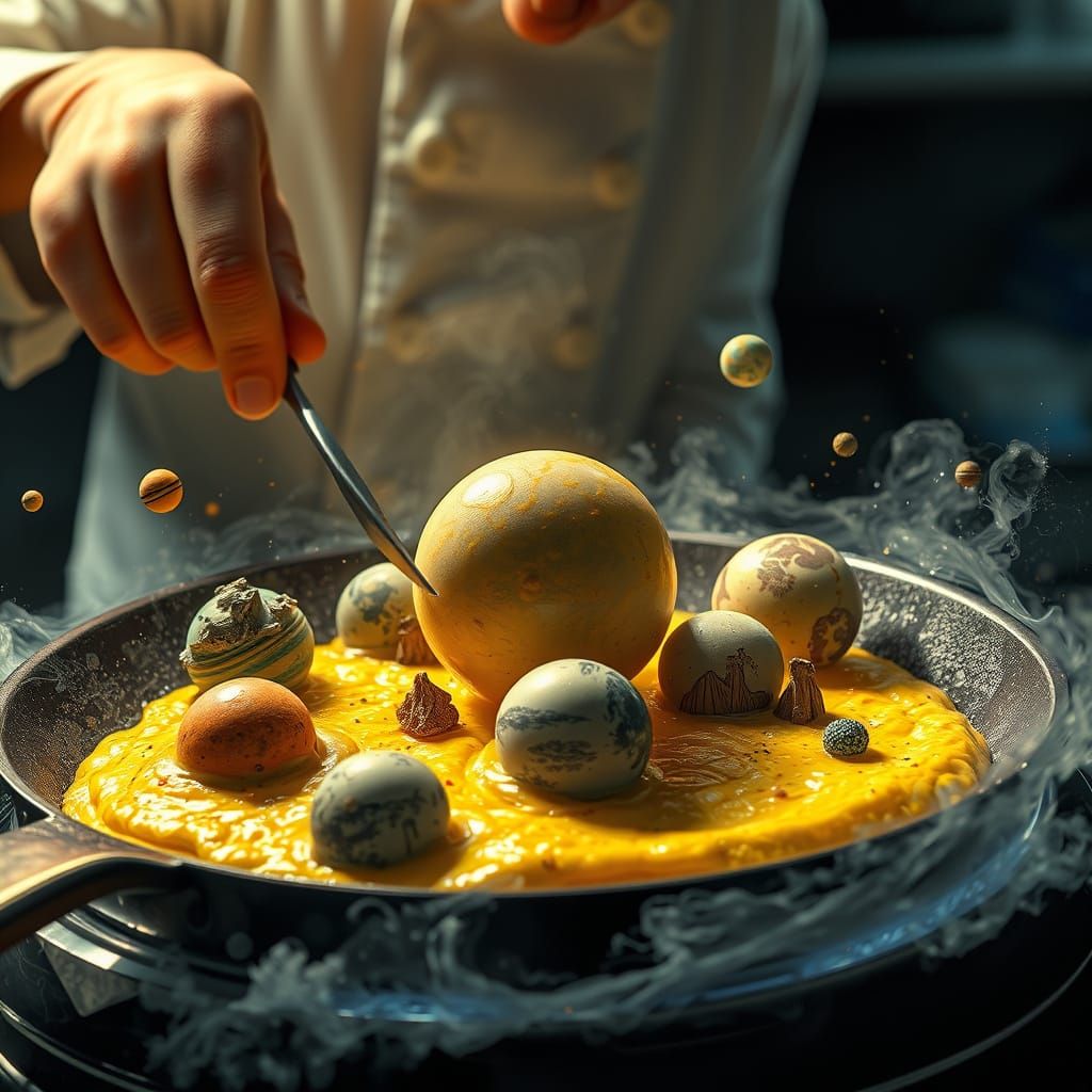 Chef Frying Miniature Planets in Hyperrealistic Style
