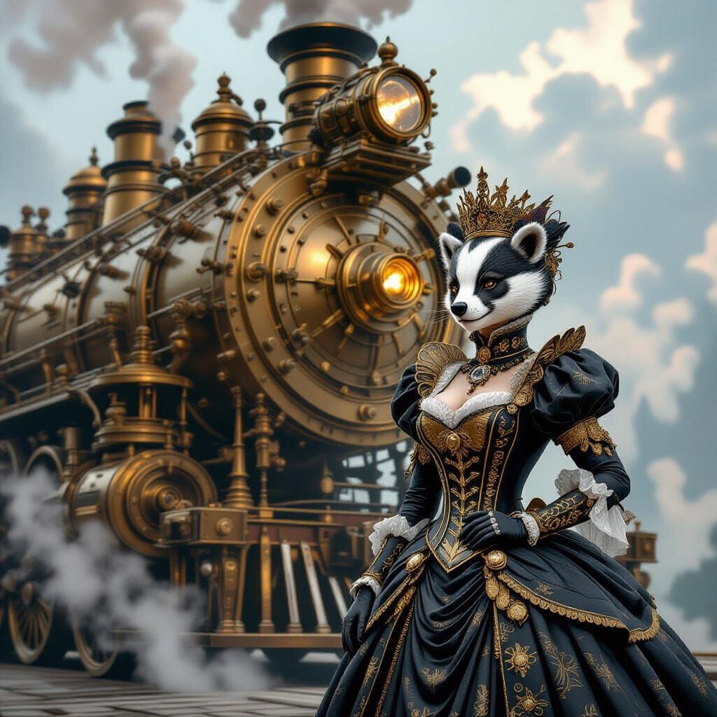 Regal Badger Queen in Victorian Steampunk Engine Room