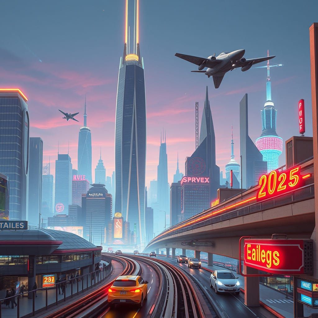 Retro-Futuristic Cityscape of 2025 in Neon-Lit Splendor