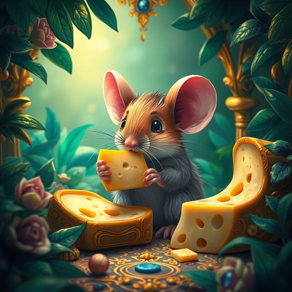 Whimsical Mouse in a Golden-Hued Chamber