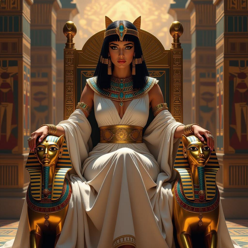 Cleopatra on Golden Sphinx Throne in Opulent Egypt