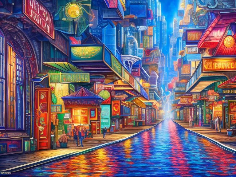 Detailed Polychromatic City Street in Visionary Art Style