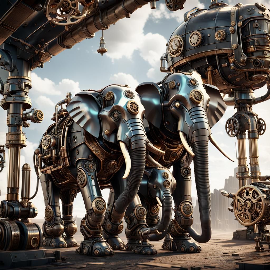 Steampunk Elephant Family with Intricate Mechanical Details