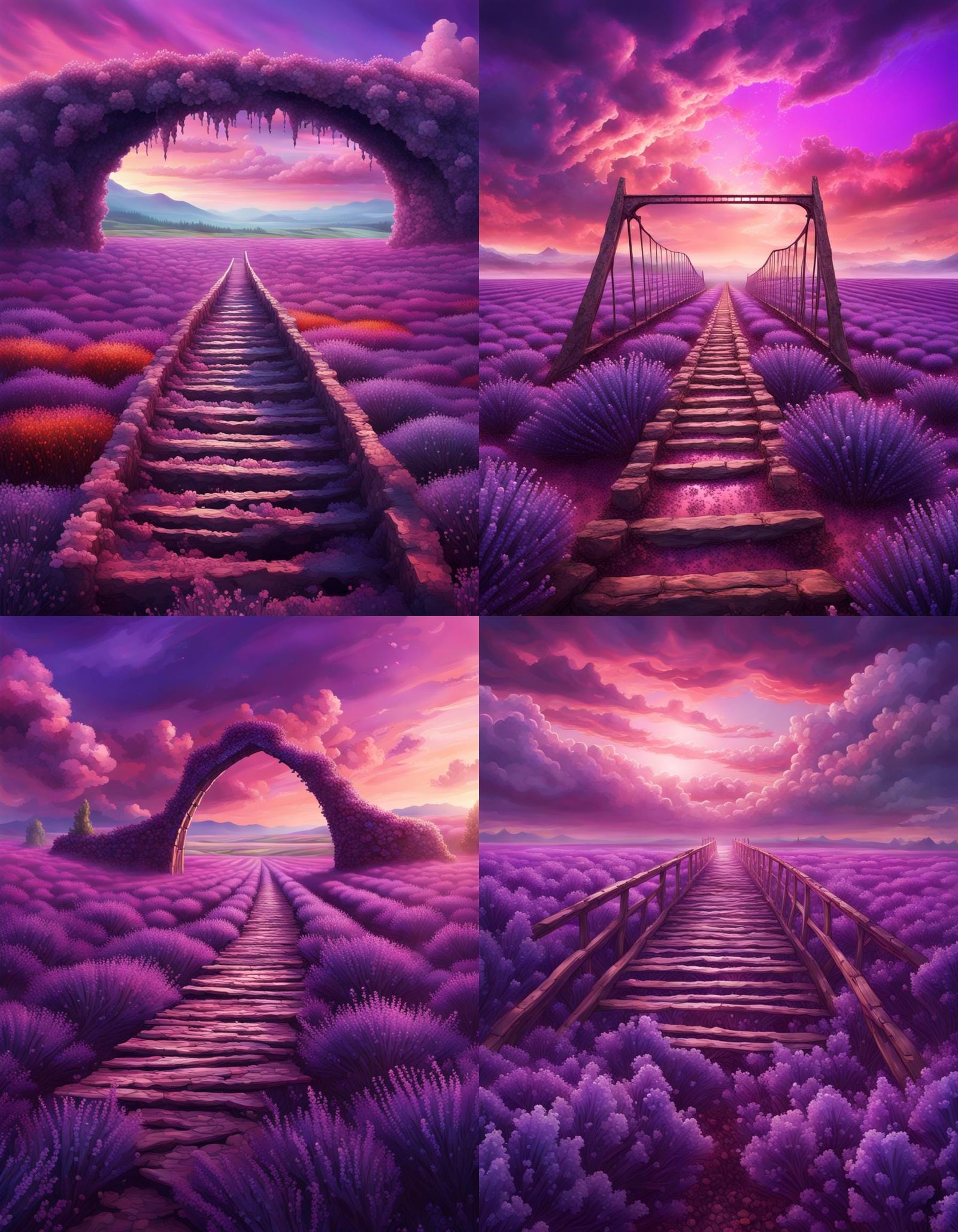Apocalyptic Lavender Field with Crumbling Bridge