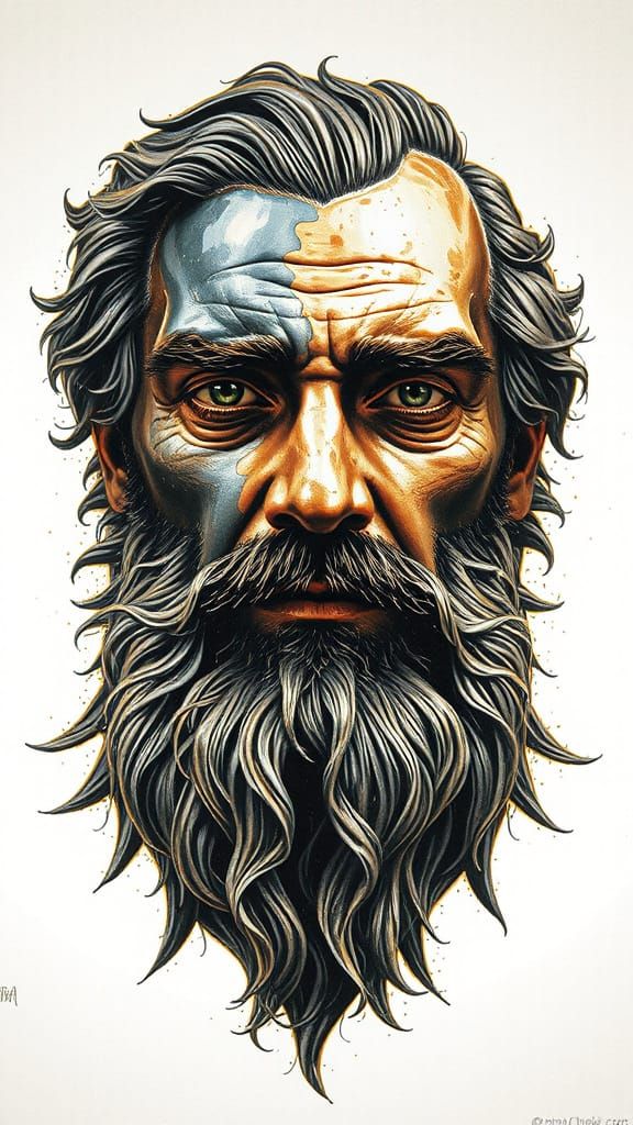 Regal Ancient Face: Liquid Metal & Marble in Retrofuturistic...