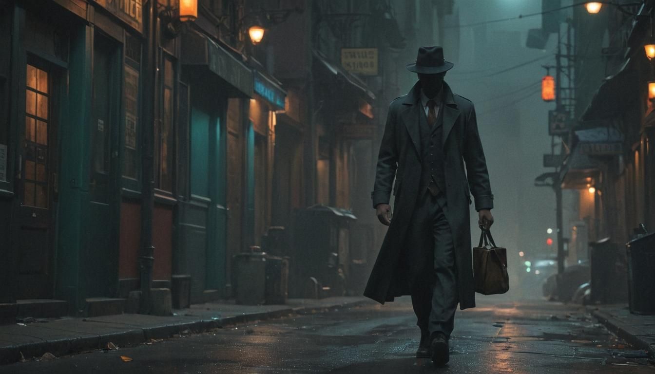 Faceless Detective in Dark Street: Hyperdetailed Concept Art