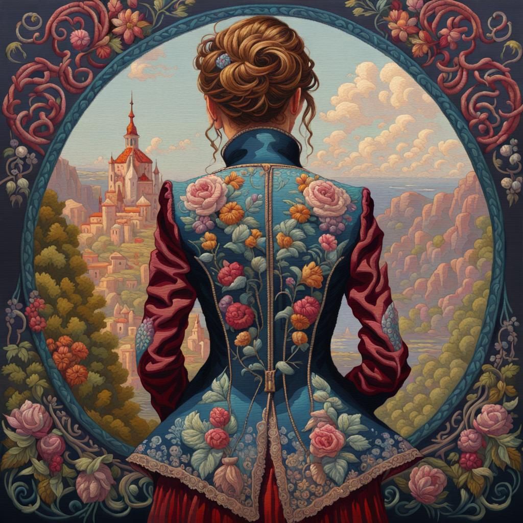 Embroidered Jacket Oil Painting in Art Nouveau Style