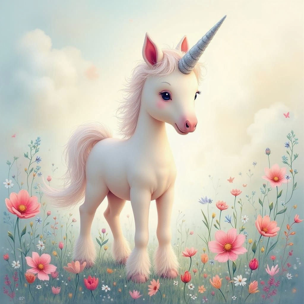 Magical Fluffy Unicorn Foal with Sparkling Horn