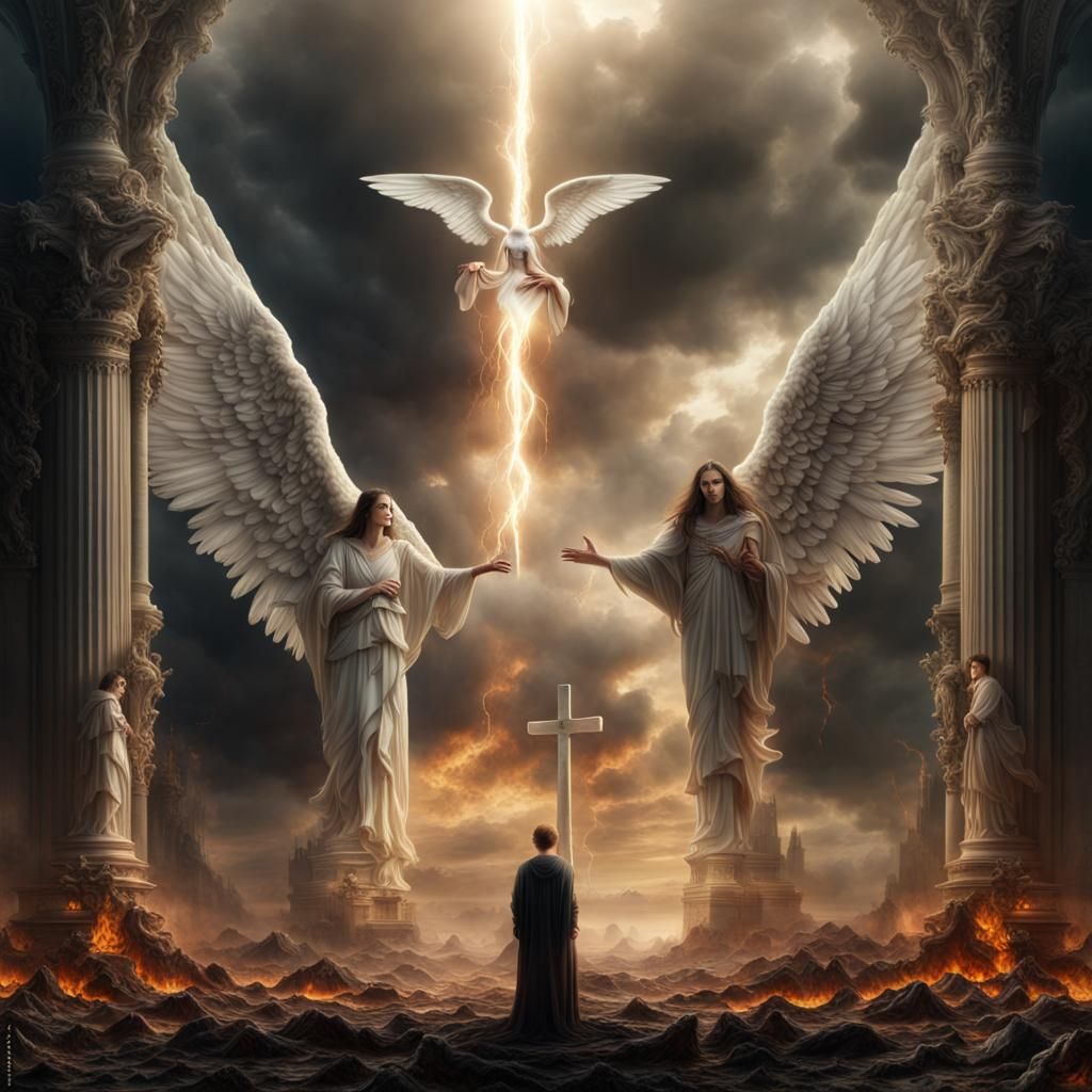 Angel and Death Confront God: Epic Digital Painting