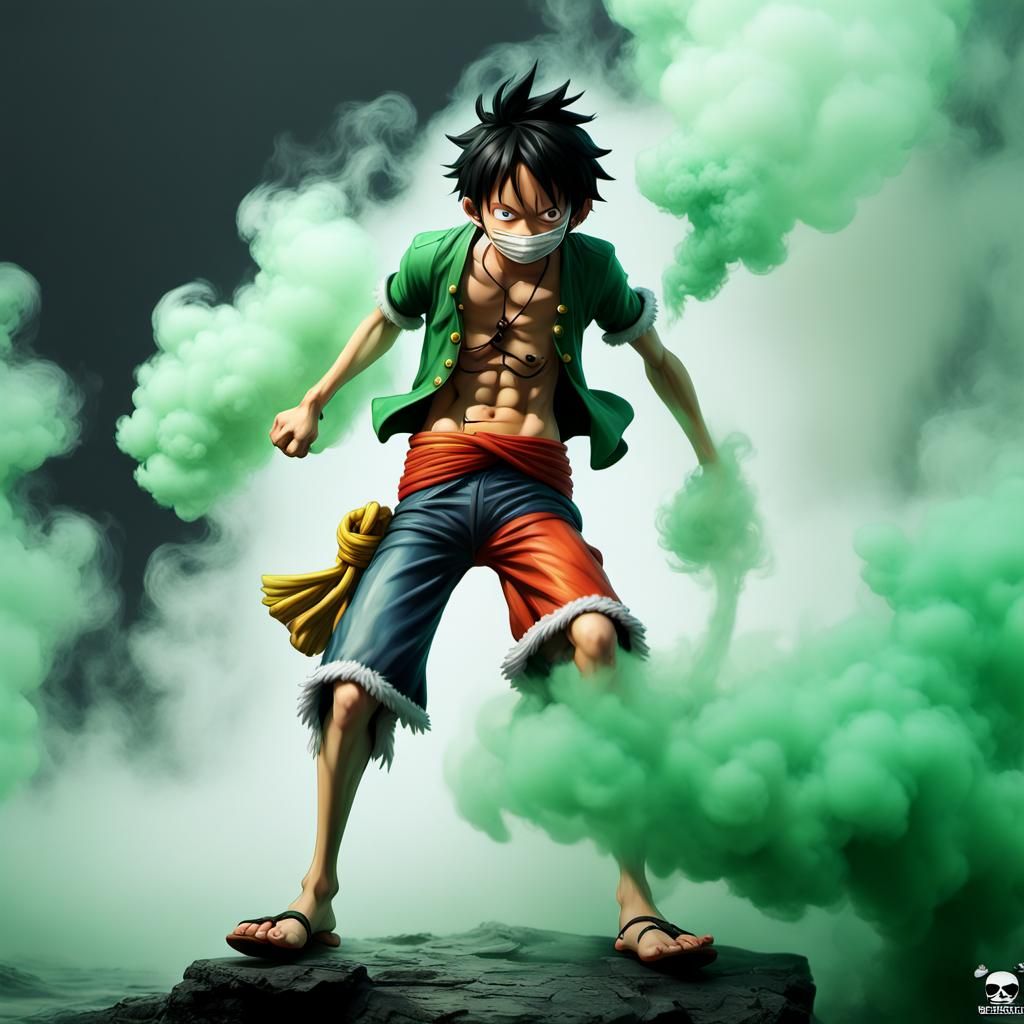 make a character picture of Monkey D Luffy pirate one piece, green smoke and fog effect of, black short hair, glossy,
ac...