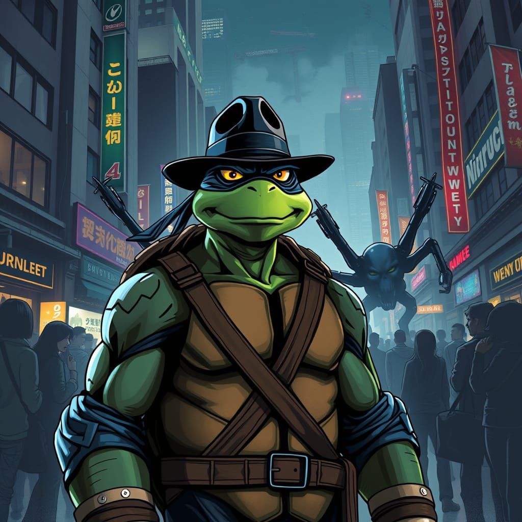 Sleek Ninja Turtle in Dark Blue Mask and Fedora