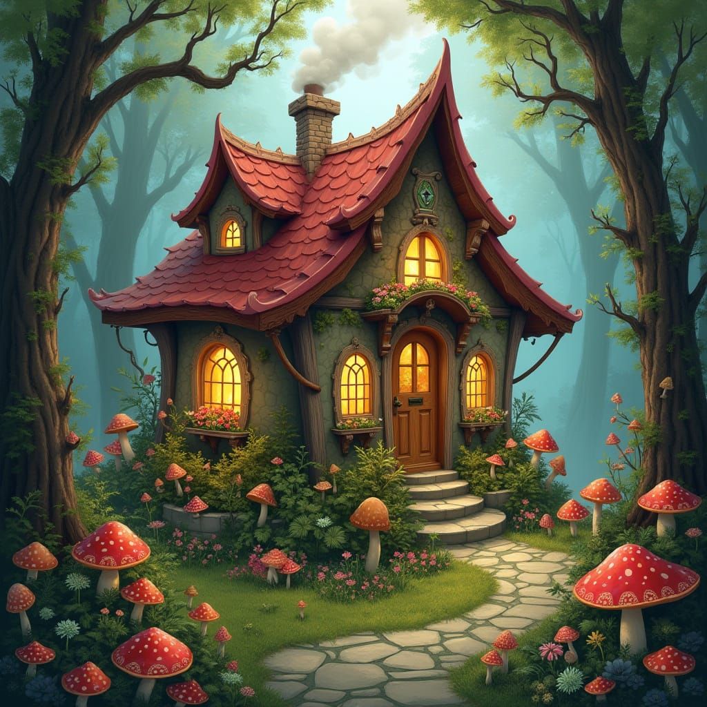 Cozy Enchanted Forest Home in Whimsical Fantasy Art Style