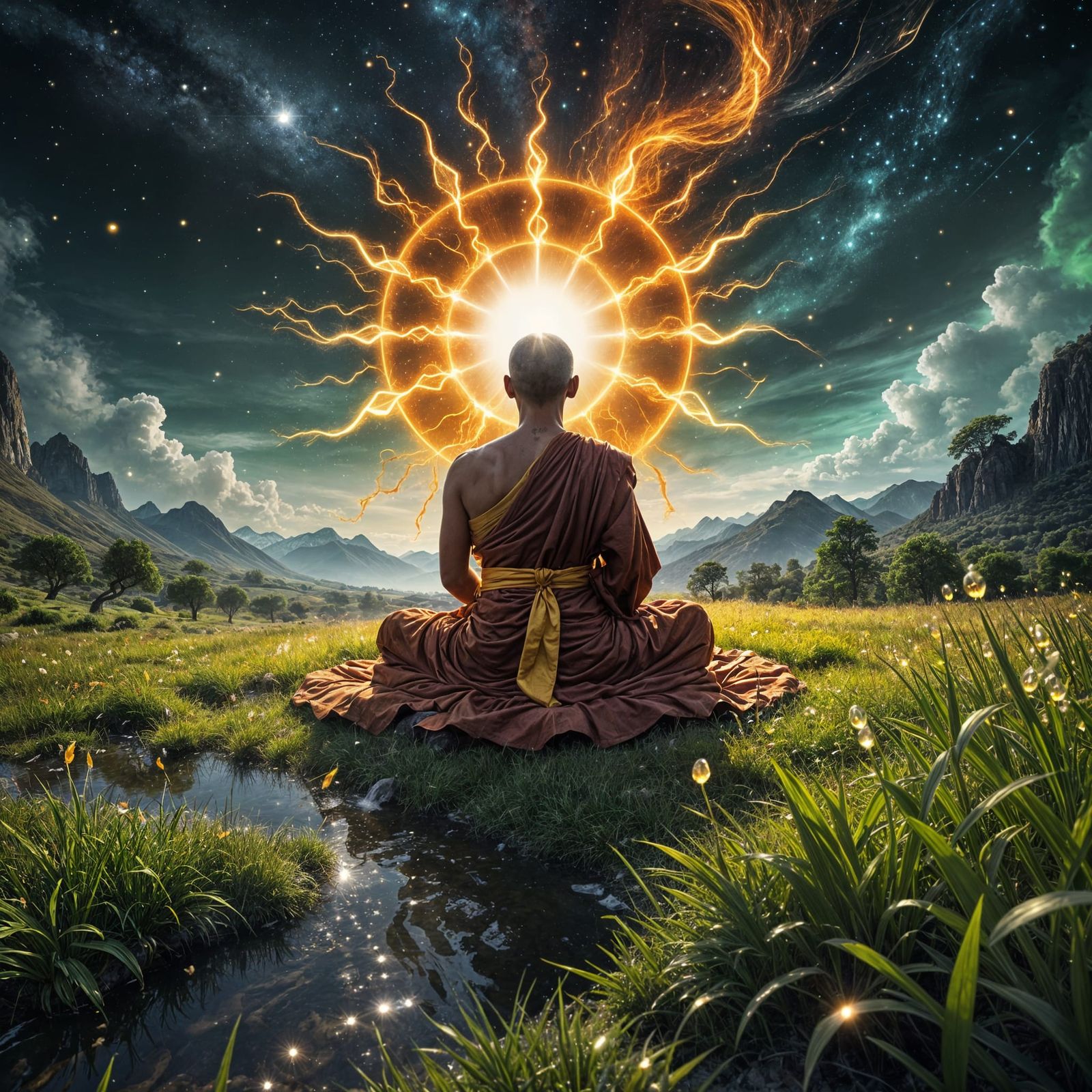 Cosmic Meditation: Tibetan Monk in Surreal Landscape