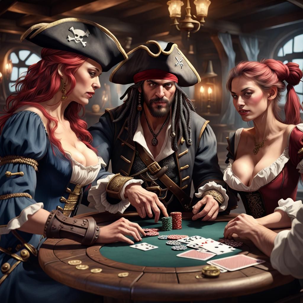 Pirate and Rogue Play Poker: Detailed Matte Painting
