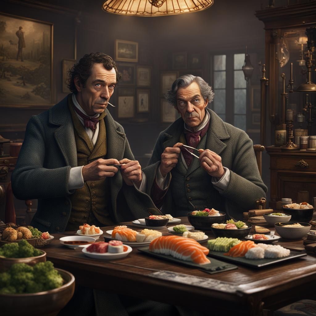 Sherlock Holmes and Hound Eating Sushi