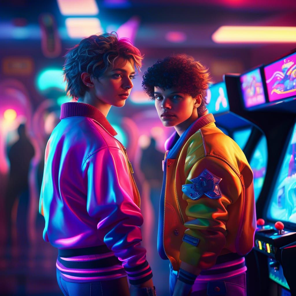 Hyperrealistic 80s Arcade Scene with Neon Lights